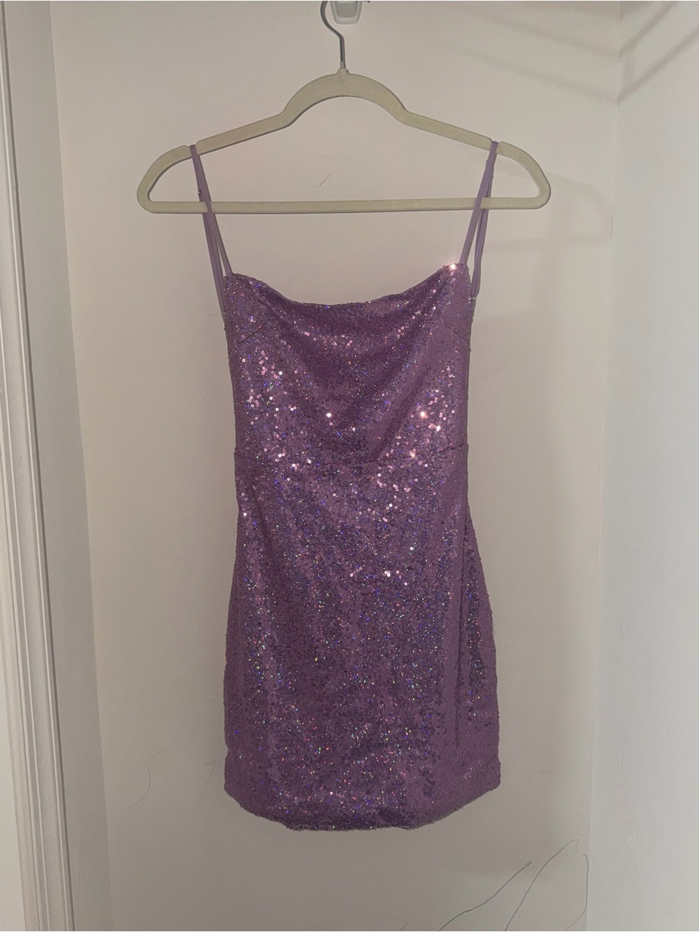 Lucy in the Sky Women’s Purple Sequin Cowl Neck Mini Dress